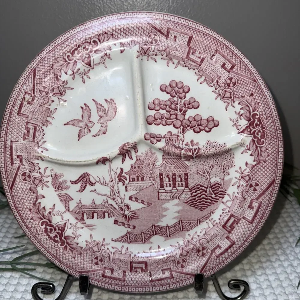 Vintage pink Rosa red Willow divided dinner plate outdoor scene birds, USA
